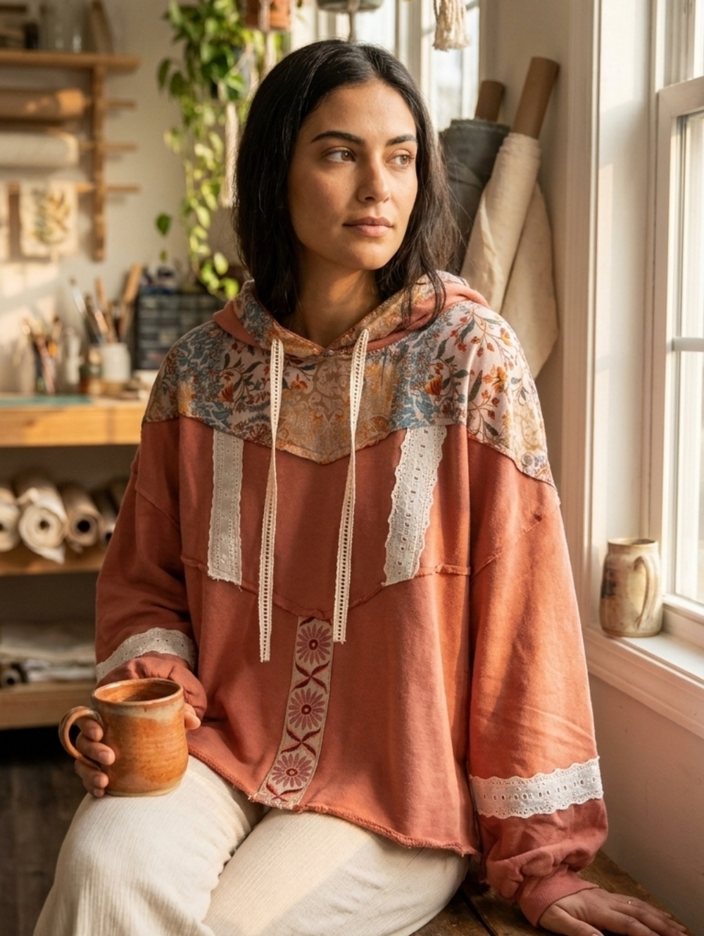 POL Rust Floral Patchwork Hoodie